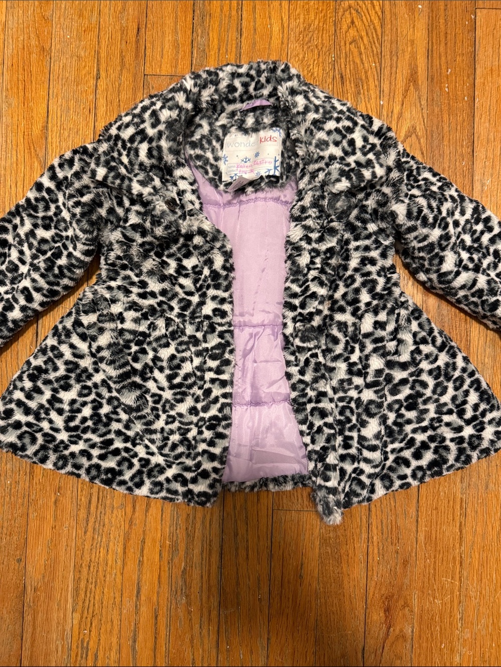 wonder nation Black & White Leopard Faux Fur Coat with Light Purple Lining
